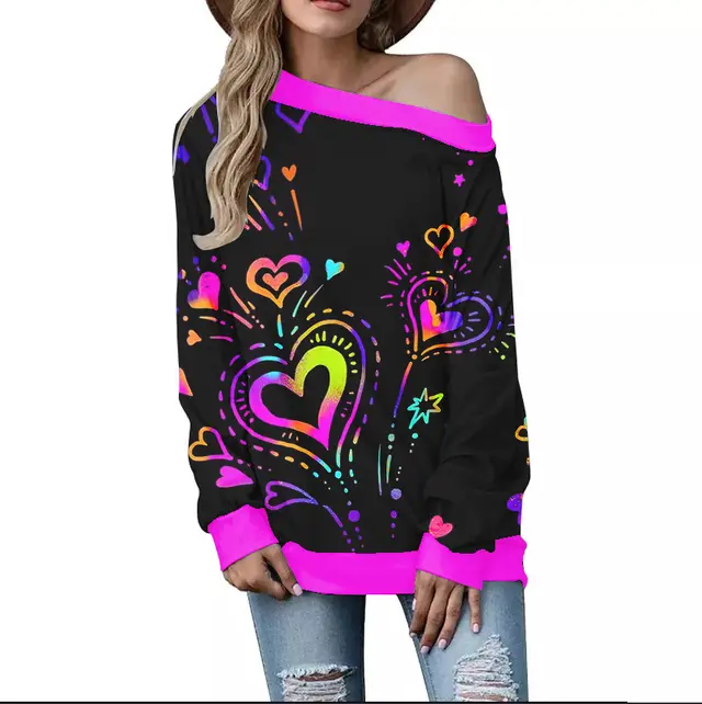 Women's Valentine's Day Pattern Printed Long Sleeve Loose Shoulder Sweater Sgoj101915 - Shop at LoveMi