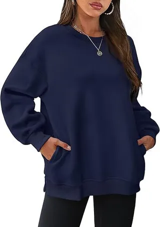 Women's Round Neck Pullover Oversized Loose Velvet Long Sleeve Sweatshirt - Navy Blue