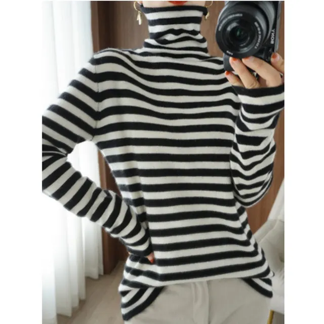 Striped Heap Collar Long Sleeves Sweater Loose All match Wool Knitted Bottoming Shirt For Women Black And White - Shop at LoveMi