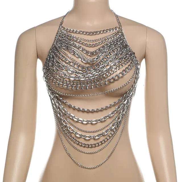 Summer Women's Personalized Halter Backless Cutout Metal Chain Vest Silver - Shop at LoveMi