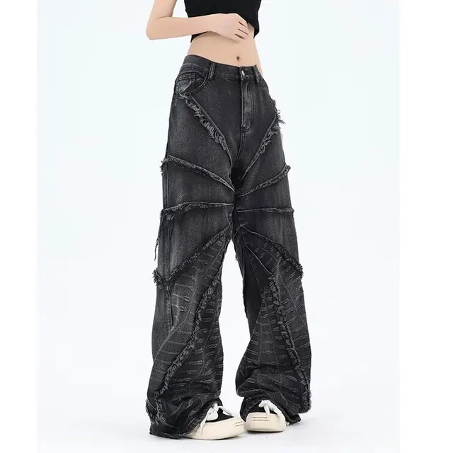 Stitching Damage Raw Hem Jeans Loose Wide Leg - Shop at LoveMi