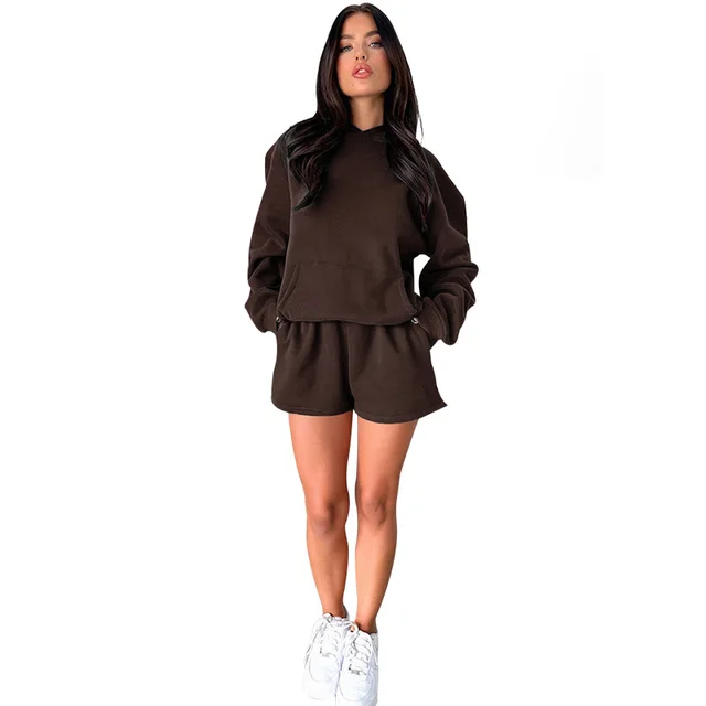 Solid Color Long Sleeve Hooded Sweaters Women's Clothing Two piece Fashion Brown - Shop at LoveMi