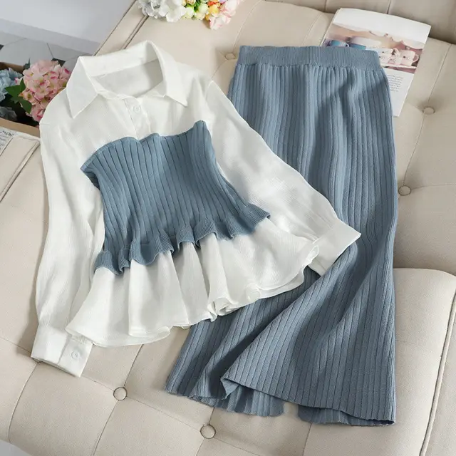 Slim Fit Fashionable Knitted Base Sweater Dress Two piece Suit Blue Suit - Shop at LoveMi
