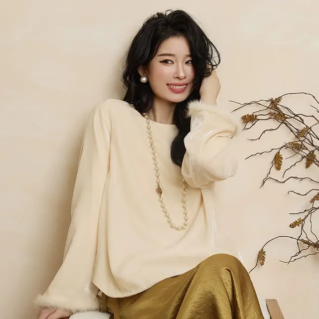 New Improve Tang Suit Top Velvet Base Shirt Soft Women's Clothing Beige - Shop at LoveMi