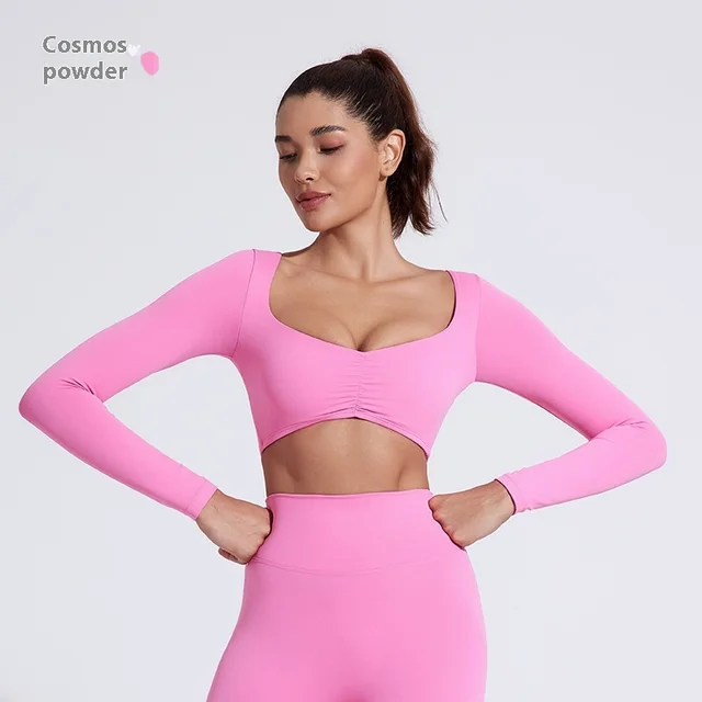 Nude Feel Yoga Long Sleeve T shirt Tight Fold Movement Top Persimmon Pink - Shop at LoveMi