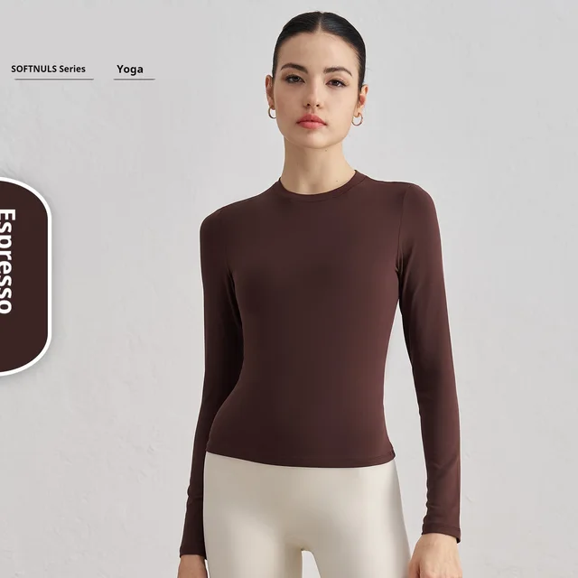 Autumn Crew Neck Fitness Yoga Wear Slim Fit Slim Looking Base Sports Top Coffee - Shop at LoveMi