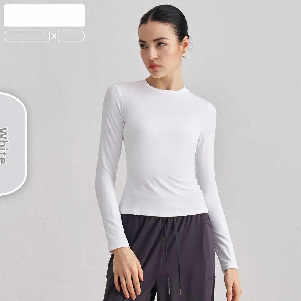 Autumn Crew Neck Fitness Yoga Wear Slim Fit Slim Looking Base Sports Top - White