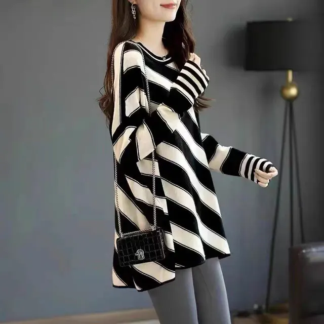 Striped Stitching Contrast Color Round Neck Pullover Sweater Autumn And Winter Fashion All matching Loose Slimming And Warm Bottoming Shirt Black - Shop at LoveMi