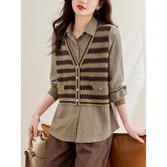 New Trendy Fake Two Pieces Knitted Top Khaki - Shop at LoveMi