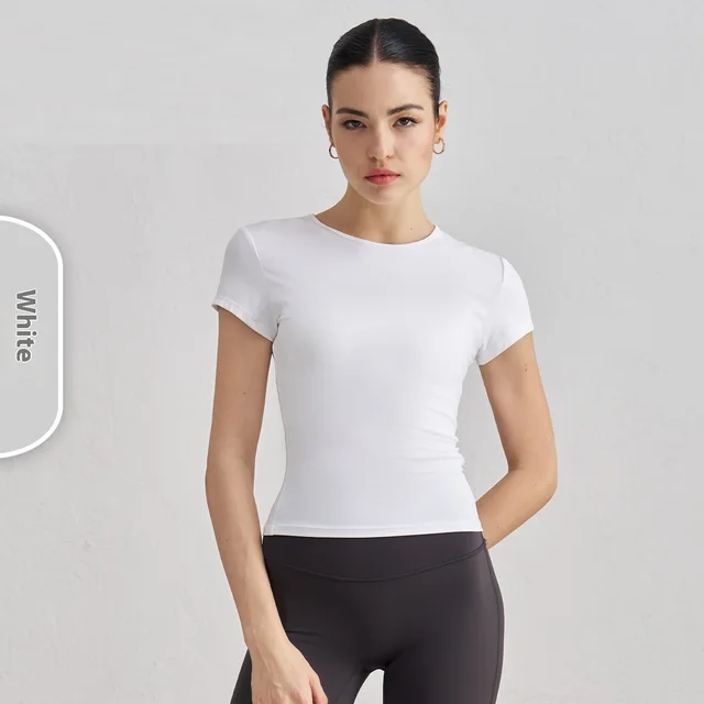 Waist Slimming Breathable Yoga T shirt Running Training Nude Feel Workout Top White - Shop at LoveMi
