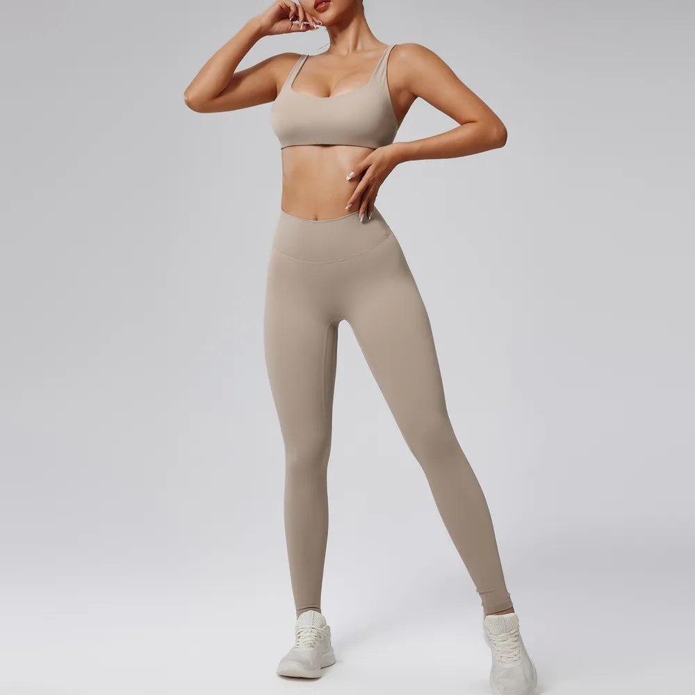 High-waist Quick-drying Running Sports Workout Clothes Two-piece Set - Bra Set Camel Brown