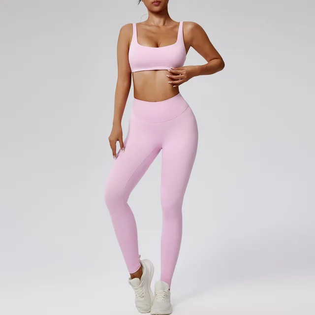 High waist Quick drying Running Sports Workout Clothes Two piece Set Bra Set Pink - Shop at LoveMi