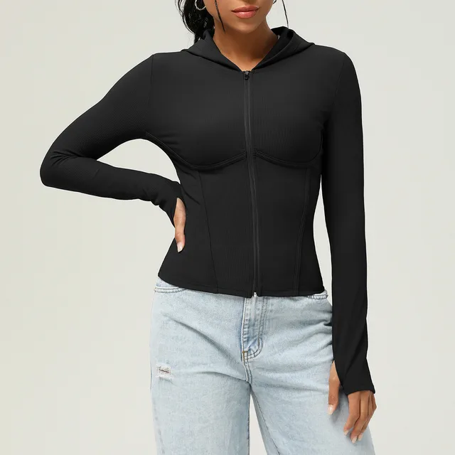 Hooded Sports Jacket Long sleeved Fallwinter Yoga Wear Black - Shop at LoveMi