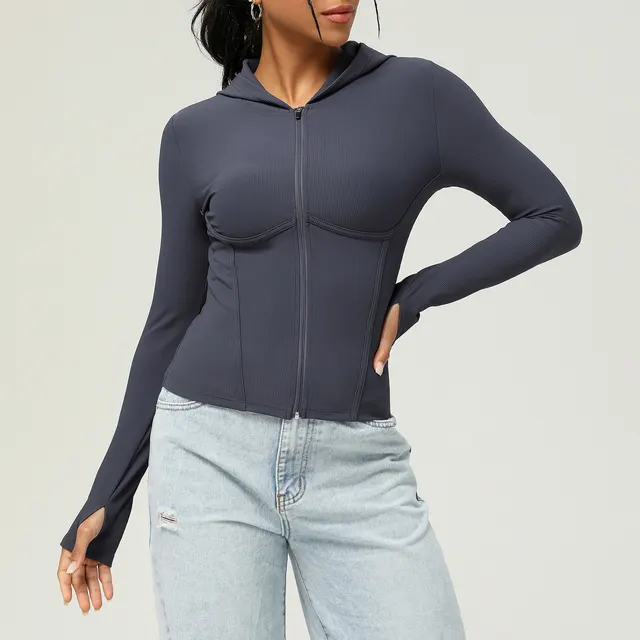 Hooded Sports Jacket Long sleeved Fallwinter Yoga Wear Rusty Silver - Shop at LoveMi