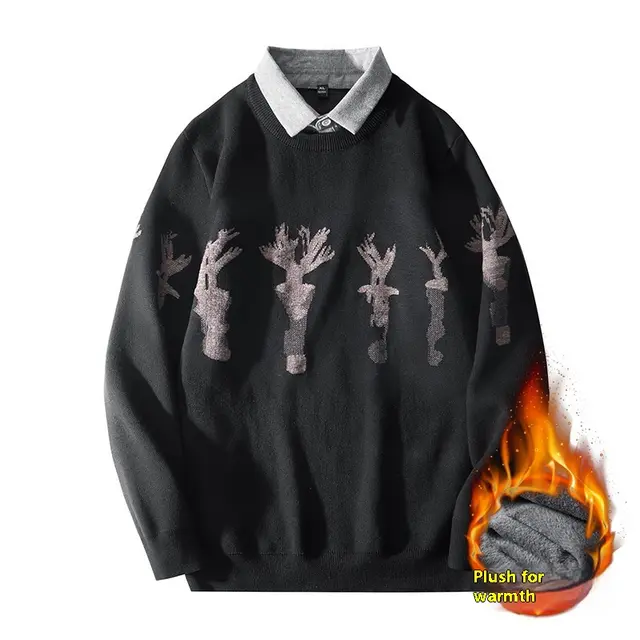 Autumn And Winter New Velvet Thickening Sweater Fashion Jacquard Sweater Black - Shop at LoveMi