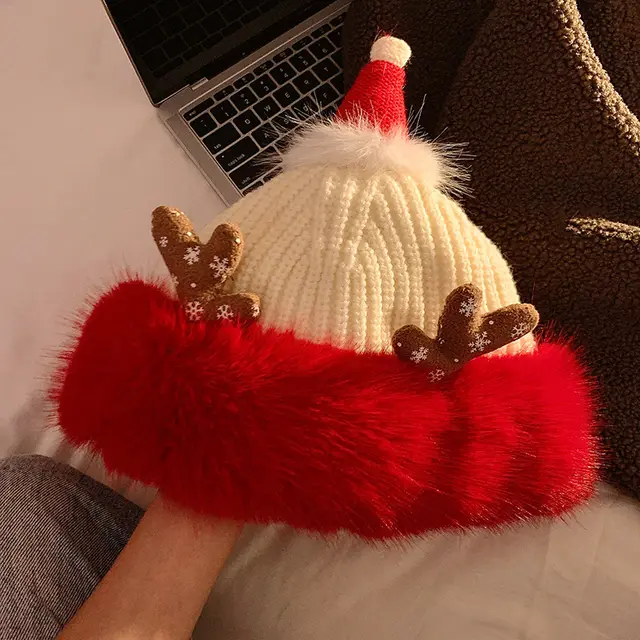 Cute Christmas Antlers Plush Bonnet Children Beige Antlers - Shop at LoveMi