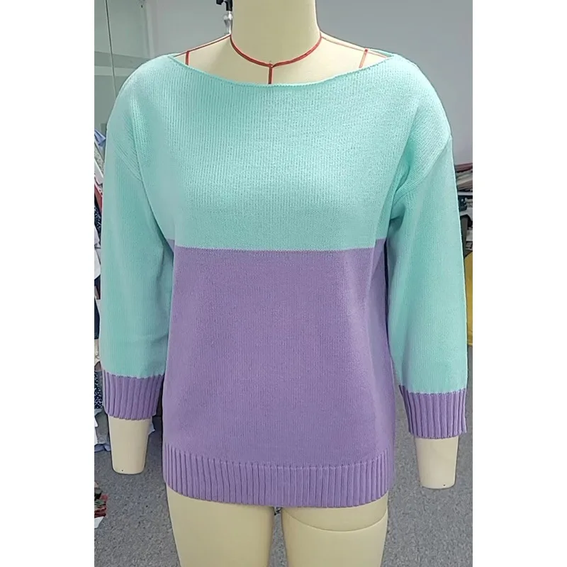 Women's Clothes Color Matching Long sleeved Sweater Multi 3Xl - Shop at LoveMi