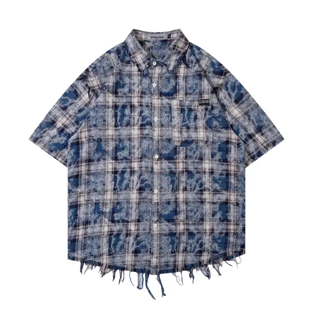 American Tie dye Short Sleeve Plaid Shirt Design Sense Blue - Shop at LoveMi