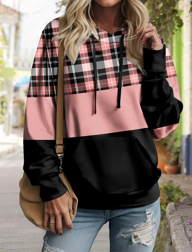 Women's Pullover Plaid Color Block Hoodie Long Sleeve 3H5Yt3N - Shop at LoveMi