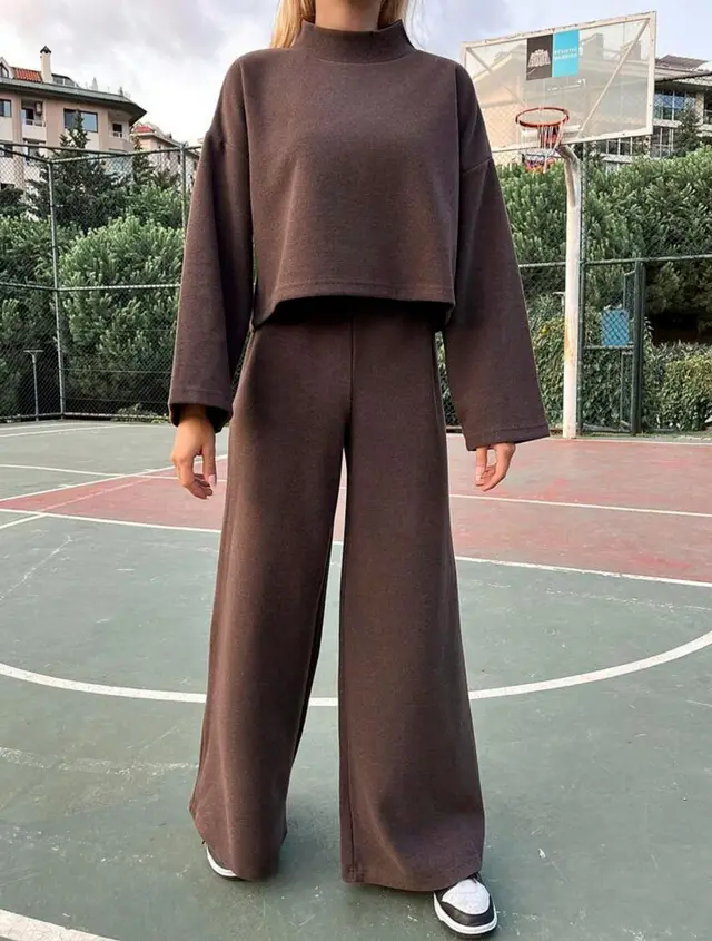 Casual Laid back Style Knitted Long sleeved Top Loose Comfortable Trousers Suit Brown - Shop at LoveMi