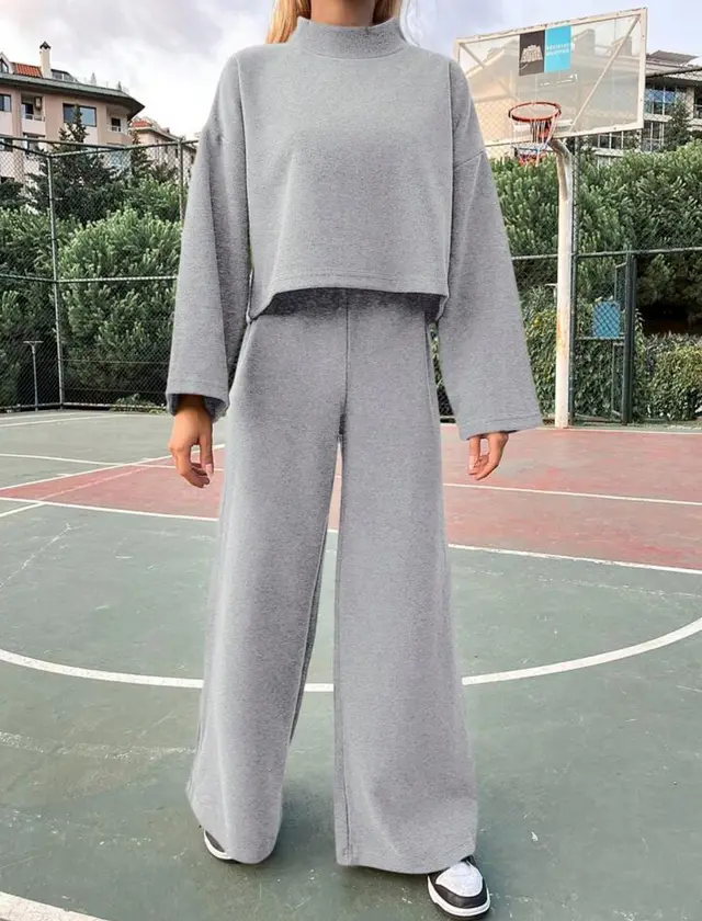 Casual Laid back Style Knitted Long sleeved Top Loose Comfortable Trousers Suit Gray - Shop at LoveMi