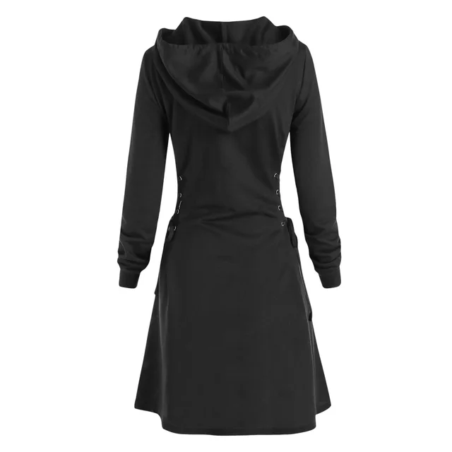 Women's Slim Fit Waist Trimming Lace Up Drawstring Long Hoodie Black - Shop at LoveMi