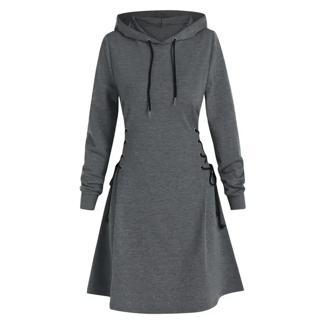 Women's Slim Fit Waist Trimming Lace Up Drawstring Long Hoodie Dark Gray - Shop at LoveMi