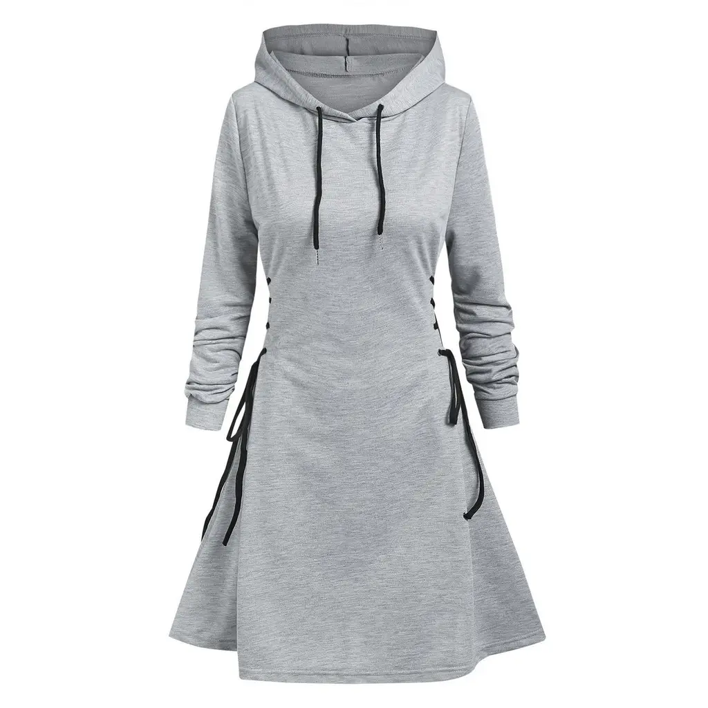 Women's Slim Fit Waist Trimming Lace Up Drawstring Long Hoodie - Light Gray