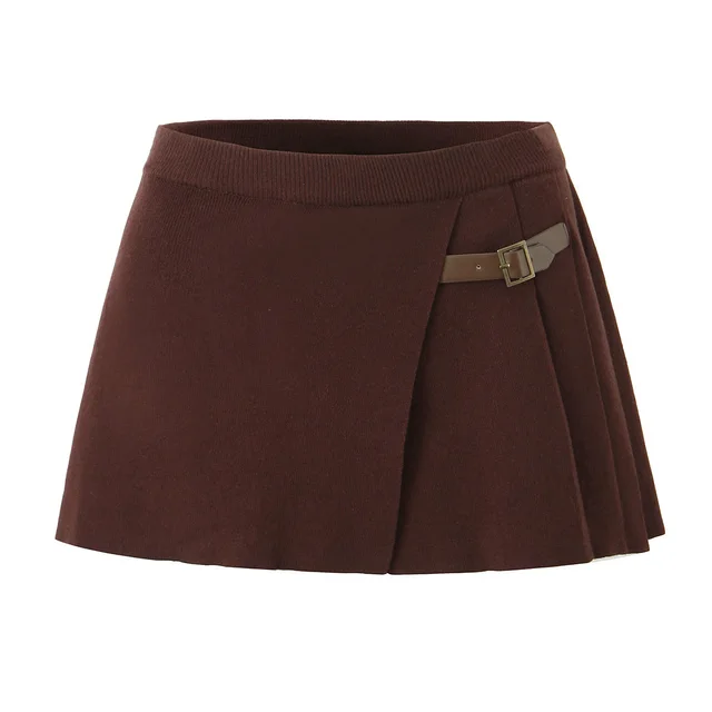 Slim Breasted Knitted Cardigan High Waist Leather Ring Pleated Skirt Dark Brown Skirt 6532 - Shop at LoveMi
