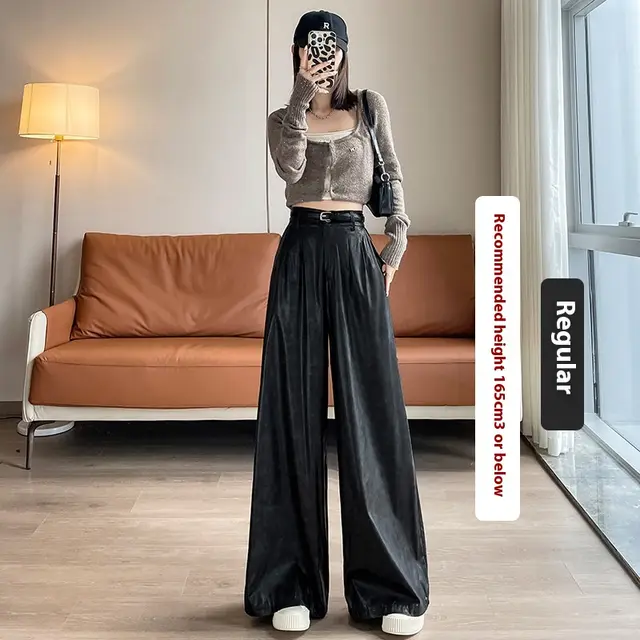 High Waist Loose Straight Slimming Leather Wide leg Pants Drape Mop Pants Black Regular Style - Shop at LoveMi