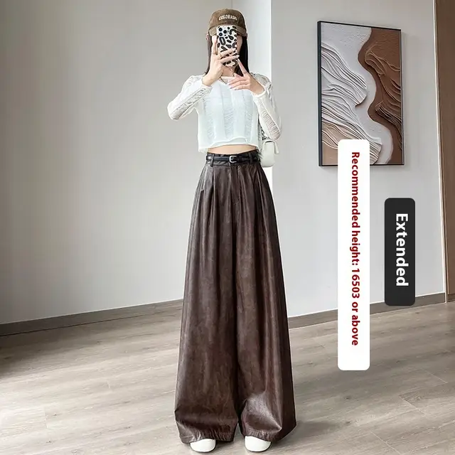 High Waist Loose Straight Slimming Leather Wide leg Pants Drape Mop Pants Brown Lengthened - Shop at LoveMi
