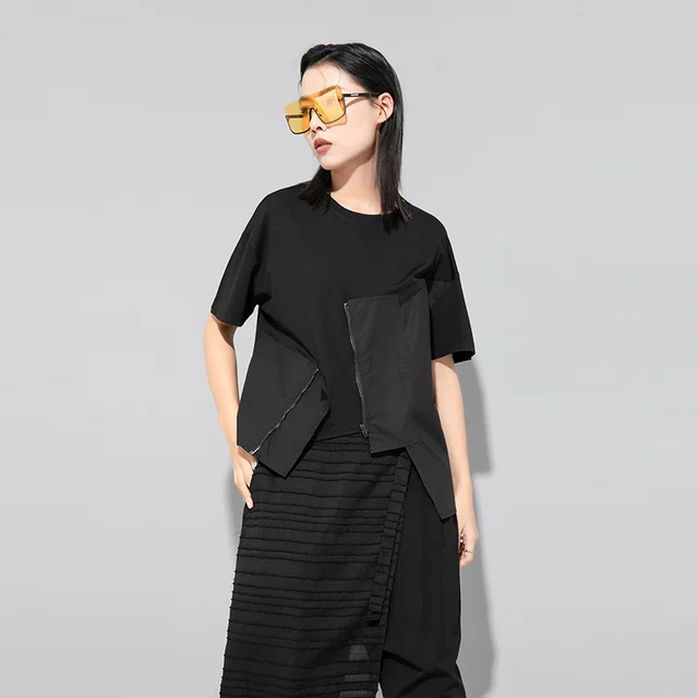 Street Stitching Half Sleeve Irregular Solid Color Short Sleeve T shirt Black - Shop at LoveMi