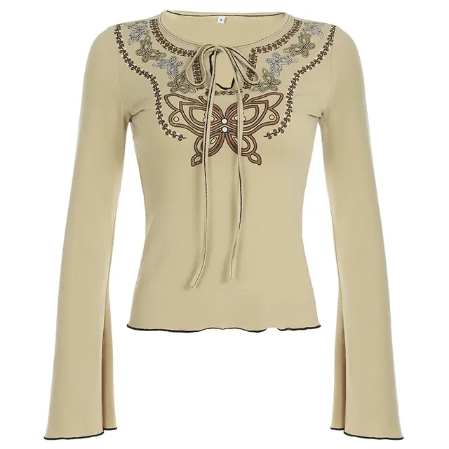Women's Hollow Out Tied Split Flare Sleeve Long sleeved Top Khaki - Shop at LoveMi