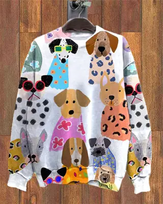 Animal Print Dog Street Trendy Hoodless Sweater - Yj4924Mc