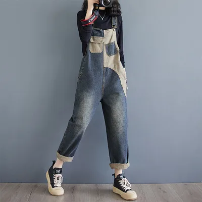 Autumn New Plus Size Loose Denim Suspender Pants Blue - Shop at LoveMi