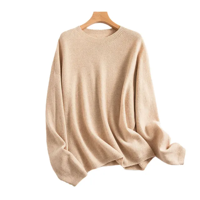 Women's Loose Slimming Round Neck Pure Wool Sweater Milky Tea Apricot - Shop at LoveMi