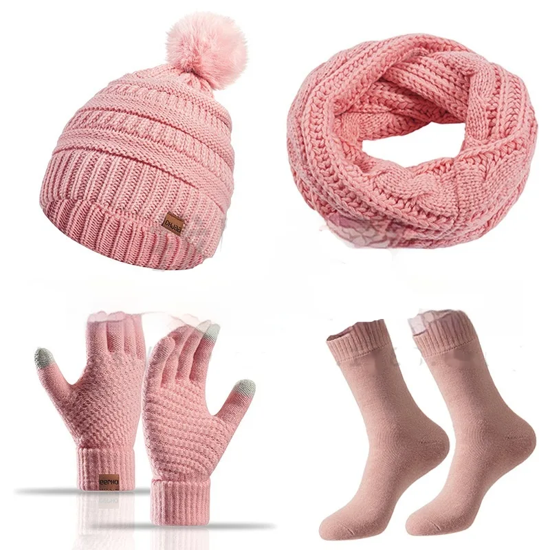 Winter Female Cap Scarf Gloves And Socks Four-piece Set - Pink