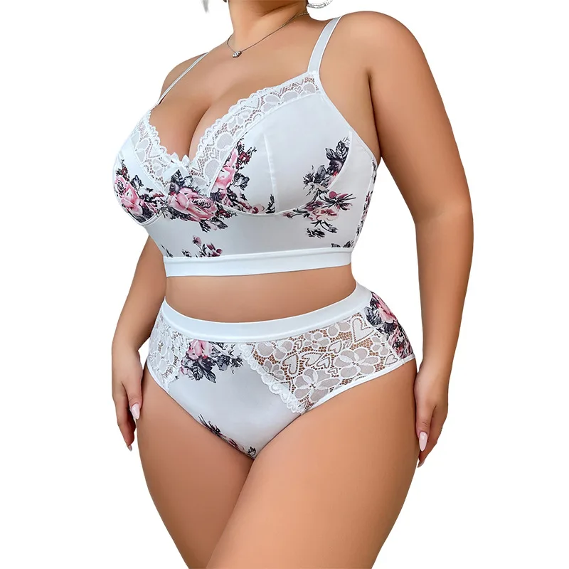 Printed Lace Stitching Pure Desire Slip Plus Size Underwear Suit - Colour