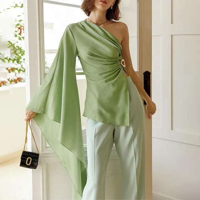 Autumn New French Style One shoulder Slim Fit Women's Shirt Green - Shop at LoveMi