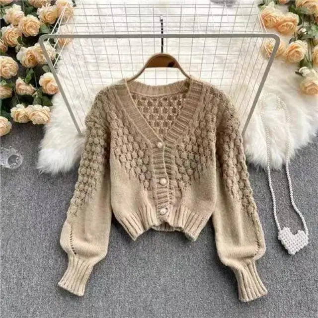 Knitted Cardigan Sweater Coat Women's V neck Design Sense Khaki - Shop at LoveMi