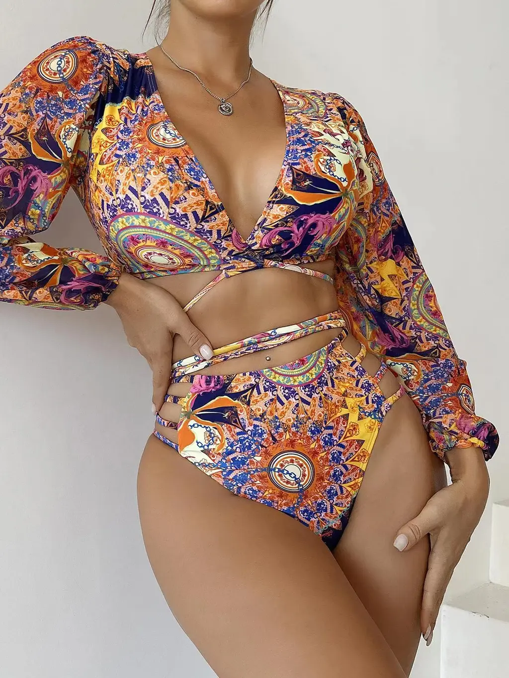 Mesh Long Sleeve Long Shoelace Bikini Swimsuit For Women - Color