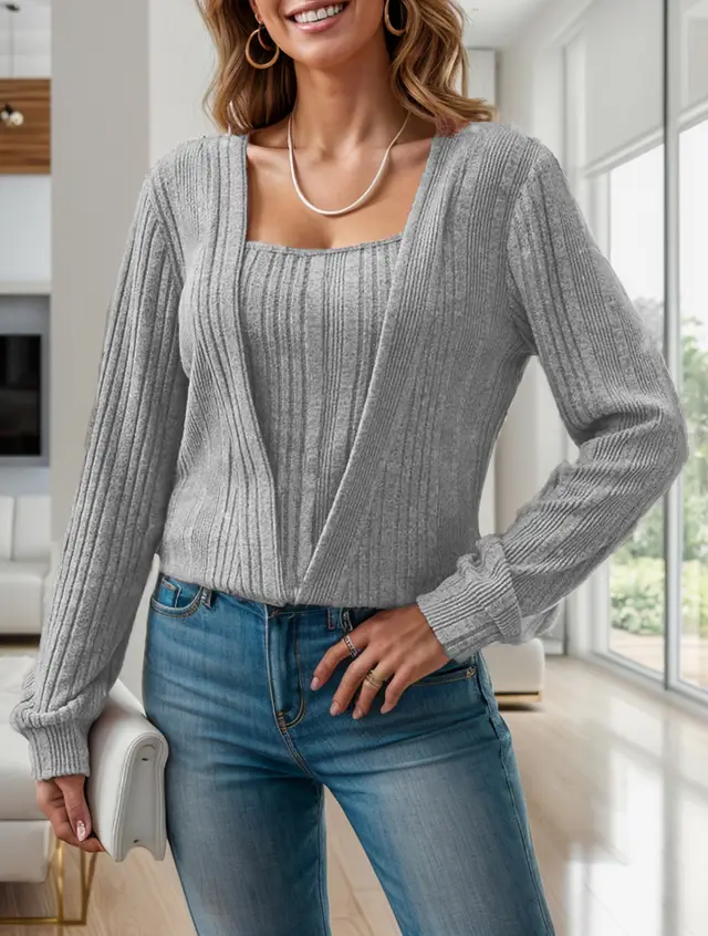 Sunken Stripe Square Collar Long Sleeve False Two piece Suit Gray Grey - Shop at LoveMi
