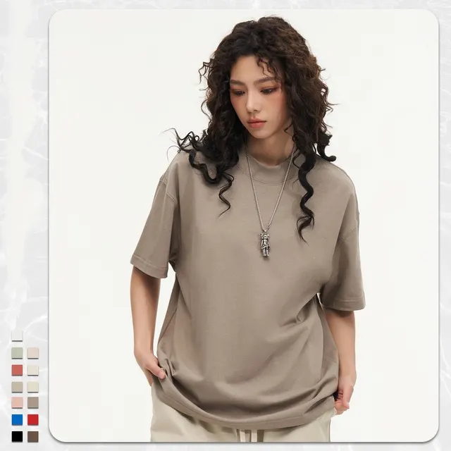 270g Heavy Cotton T shirt Loose Solid Color Khaki - Shop at LoveMi