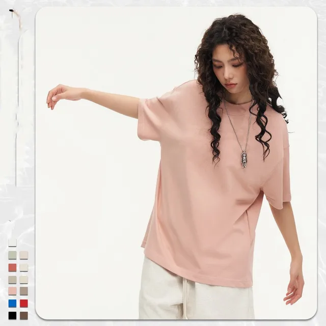 270g Heavy Cotton T shirt Loose Solid Color Orange Pink - Shop at LoveMi
