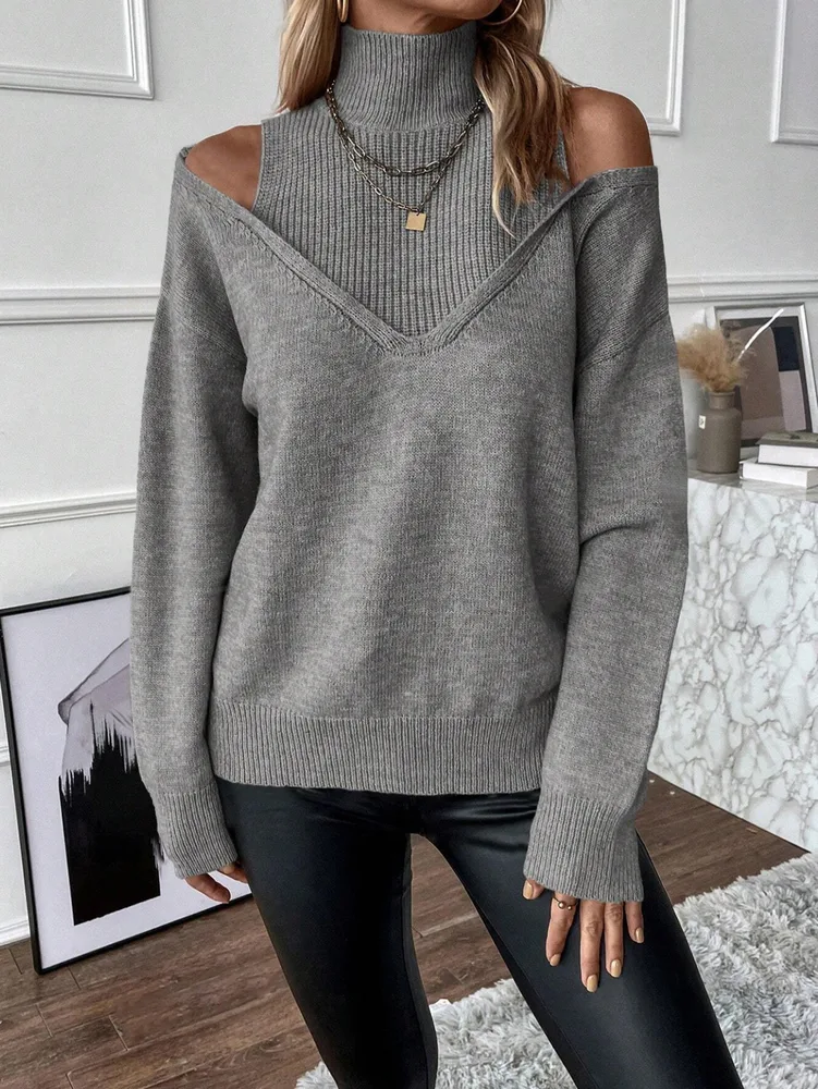 Off the shoulder Half Turtleneck Solid Color Thread Temperament Leisure Sweater Gray - Shop at LoveMi