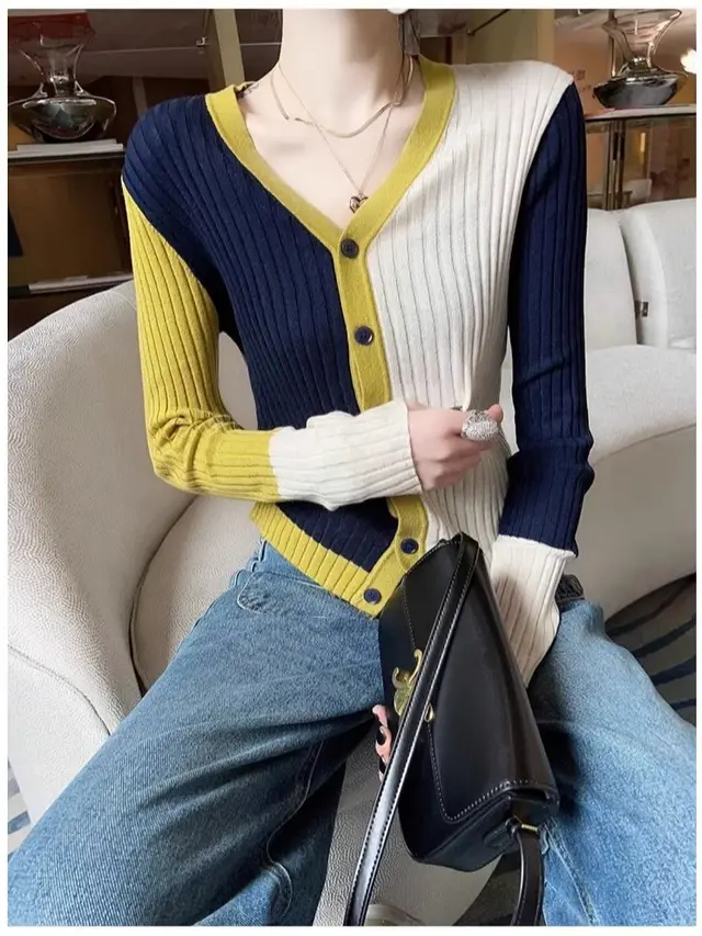 Fashion Special Multicolor V neck Knitted Cardigan Women Yellow - Shop at LoveMi