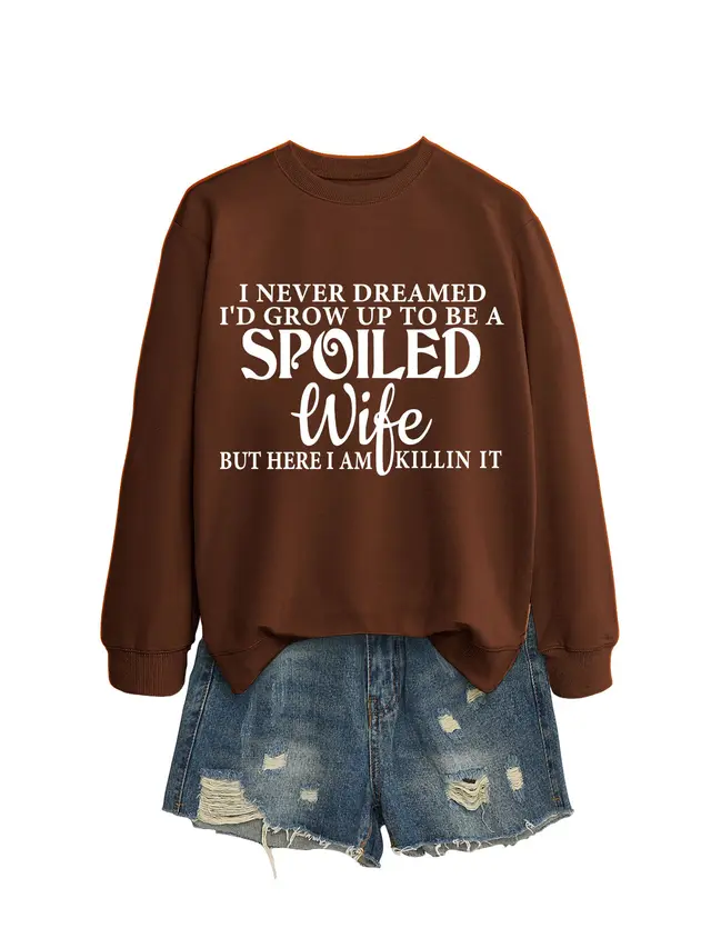 Casual Letters Printed Crew Neck Sweatshirt Women Brown White Font - Shop at LoveMi