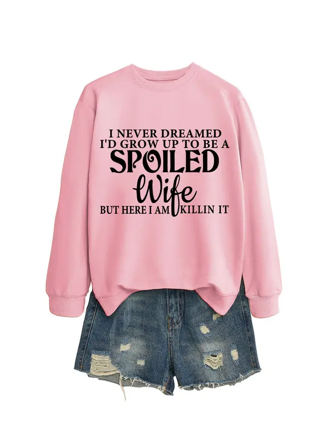 Casual Letters Printed Crew Neck Sweatshirt Women Pink Black Font - Shop at LoveMi