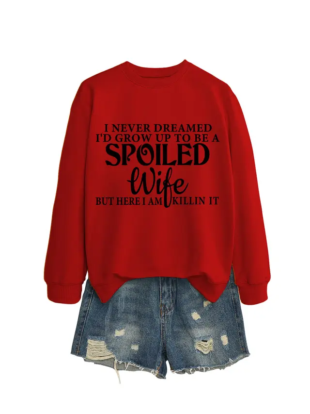 Casual Letters Printed Crew Neck Sweatshirt Women Red Sweater Black Font - Shop at LoveMi