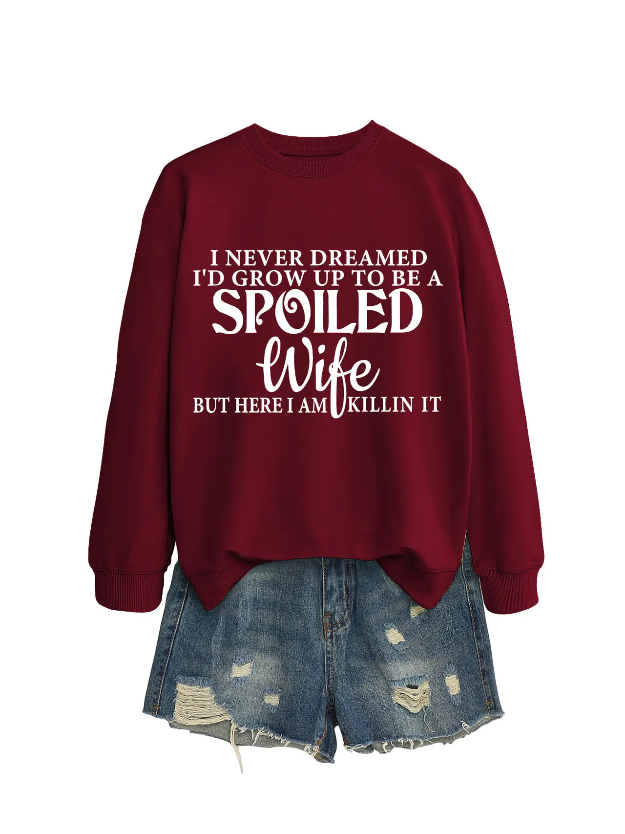 Casual Letters Printed Crew Neck Sweatshirt Women - Wine Red White Sweatshirt Font